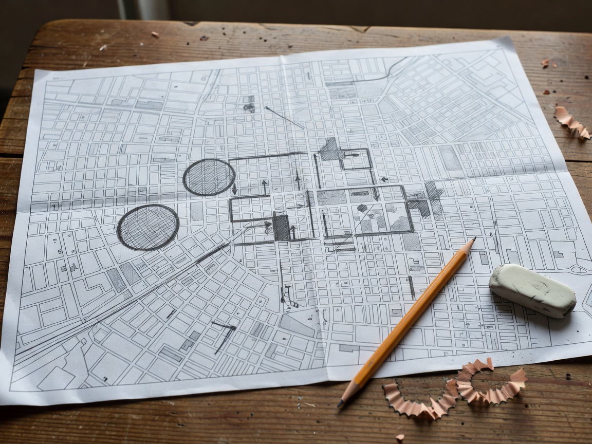Pencil and marked city map ready for comparing neighborhoods