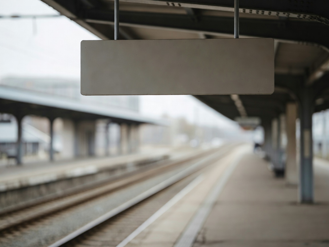 Rail platform sign photographed in shallow focus before a journey