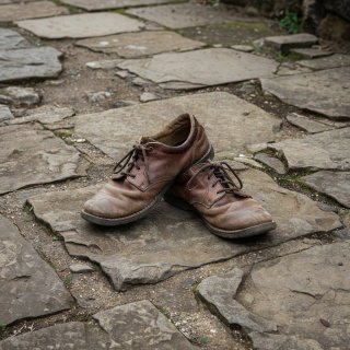 Worn-in walking shoes on textured old city paving