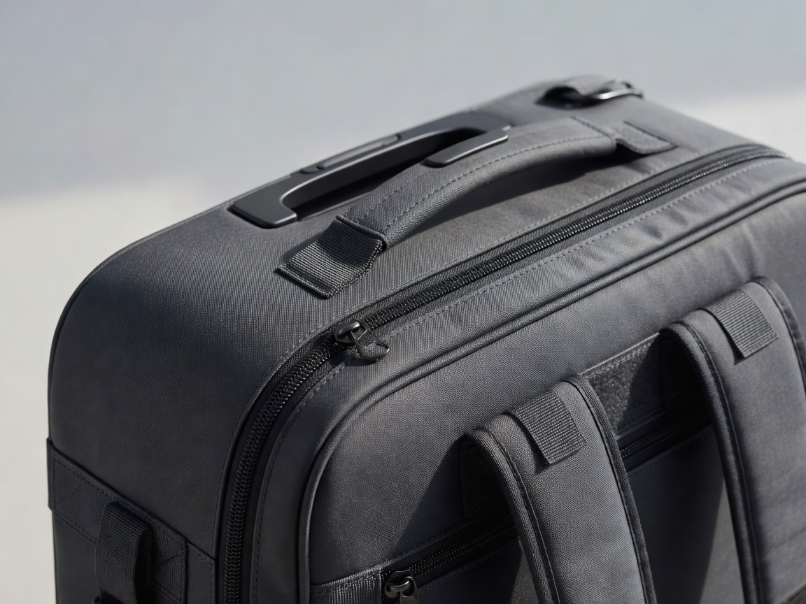 Zipped cabin bag photographed close up with its outer pocket visible